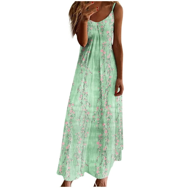 Staron Robes Décontractées pour Femmes en Liquidation à Moins de 10 $ Florales Printemps Amples Boho Col en V Longues Fluides Robe Maxi Bretelles Spaghetti Décontractée Mode Plage Vacances Robe d'Été