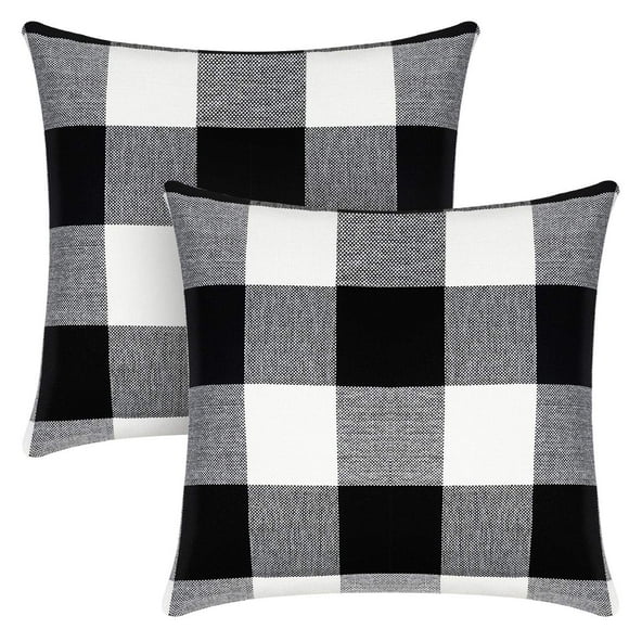 Syntus Set of 2 Buffalo Check Throw Pillow Covers Farmhouse Outdoor Plaid Square Pillow Cushion Case Black and White Polyester Linen for Home Easter Decor Car Bed Sofa, 18 x 18 inches