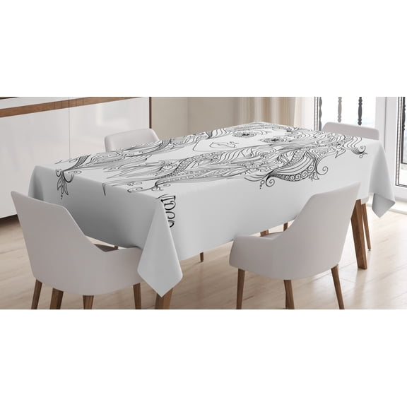 Zodiac Virgo Tablecloth, Young Lady Portrait with Flowers Hand Drawn Line Art Woman of Virgo Sign, Rectangular Table Cover for Dining Room Kitchen, 52 X 70 Inches, Black and White, by Ambesonne