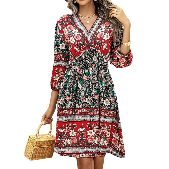 Fancyglim Women Dresses Summer V Neck Beach Dress Casual 3/4 Short Sleeve Ballon Floral Flowy Boho Babydoll Mini Short Sundress Red XL