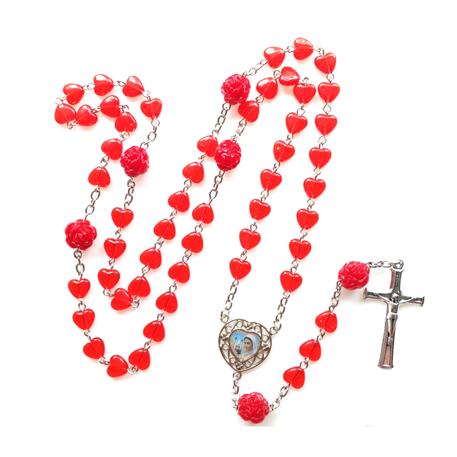 Red Hearts Catholic Rosary Necklace Beads Holy Figure Jesus Hanging
