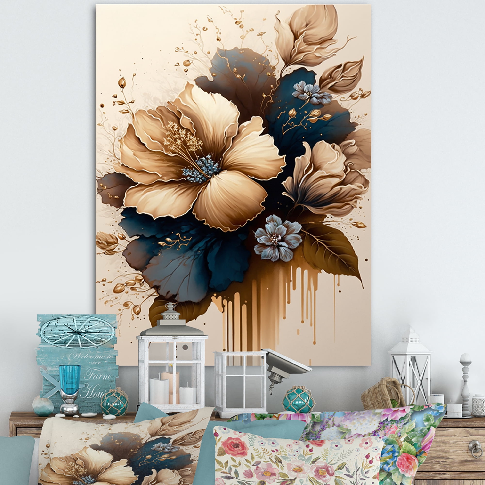 Designart Brown And Blue Hibiscus Bouquet III Canvas Wall Art