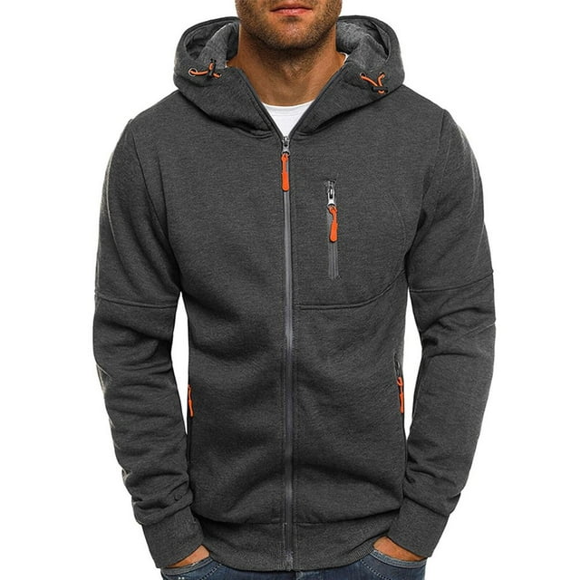 Men‘s Solid Two Piece Zipper Hooded Pocket Coat Drawstring Pocket Pants Set