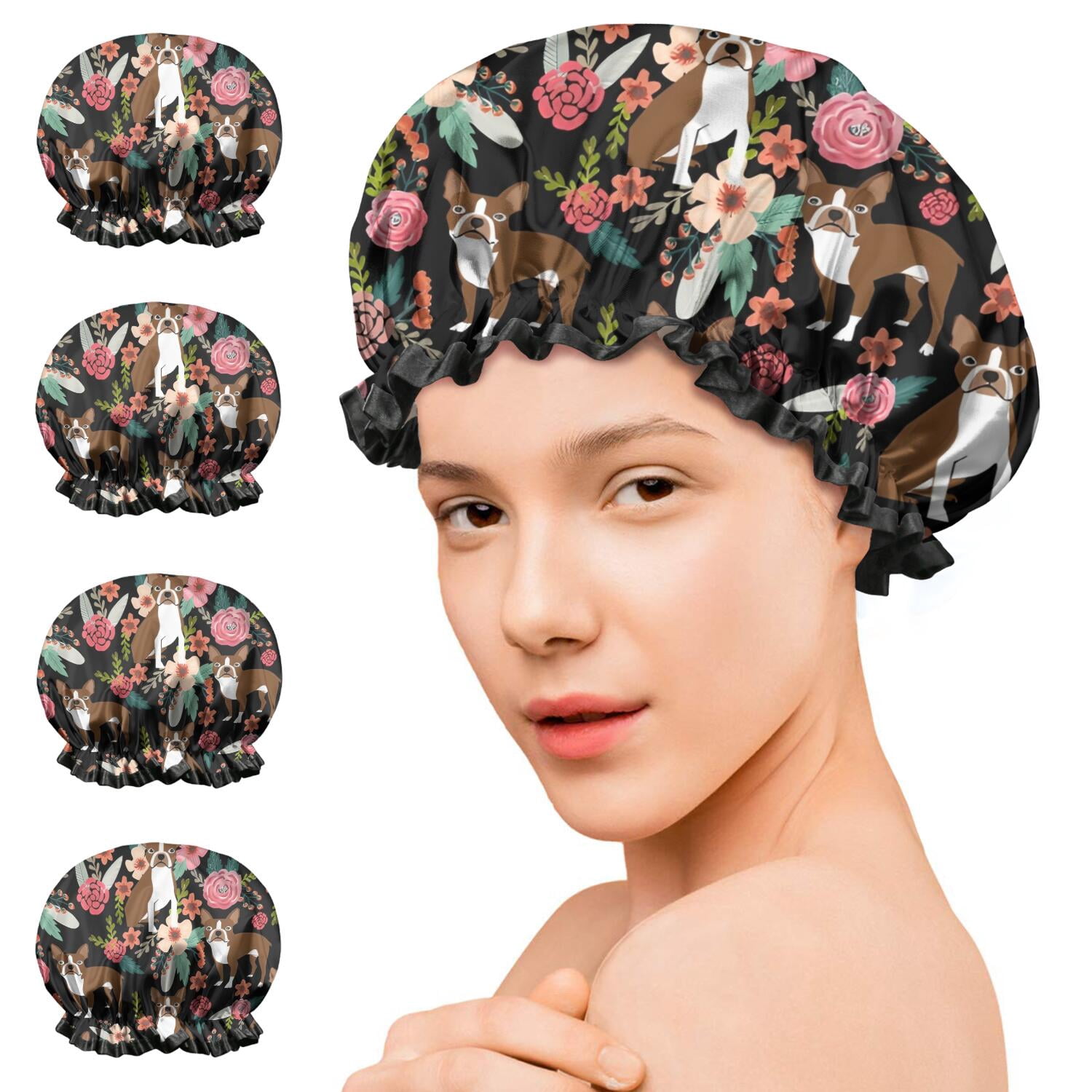 Shower Caps,Boston Terrier Dog with Pioneer Flower Waterproof Shower Cap for Women 4 Pieces,Double Reusable Hair Cover for Shower PEVA Elastic Stretch Hem