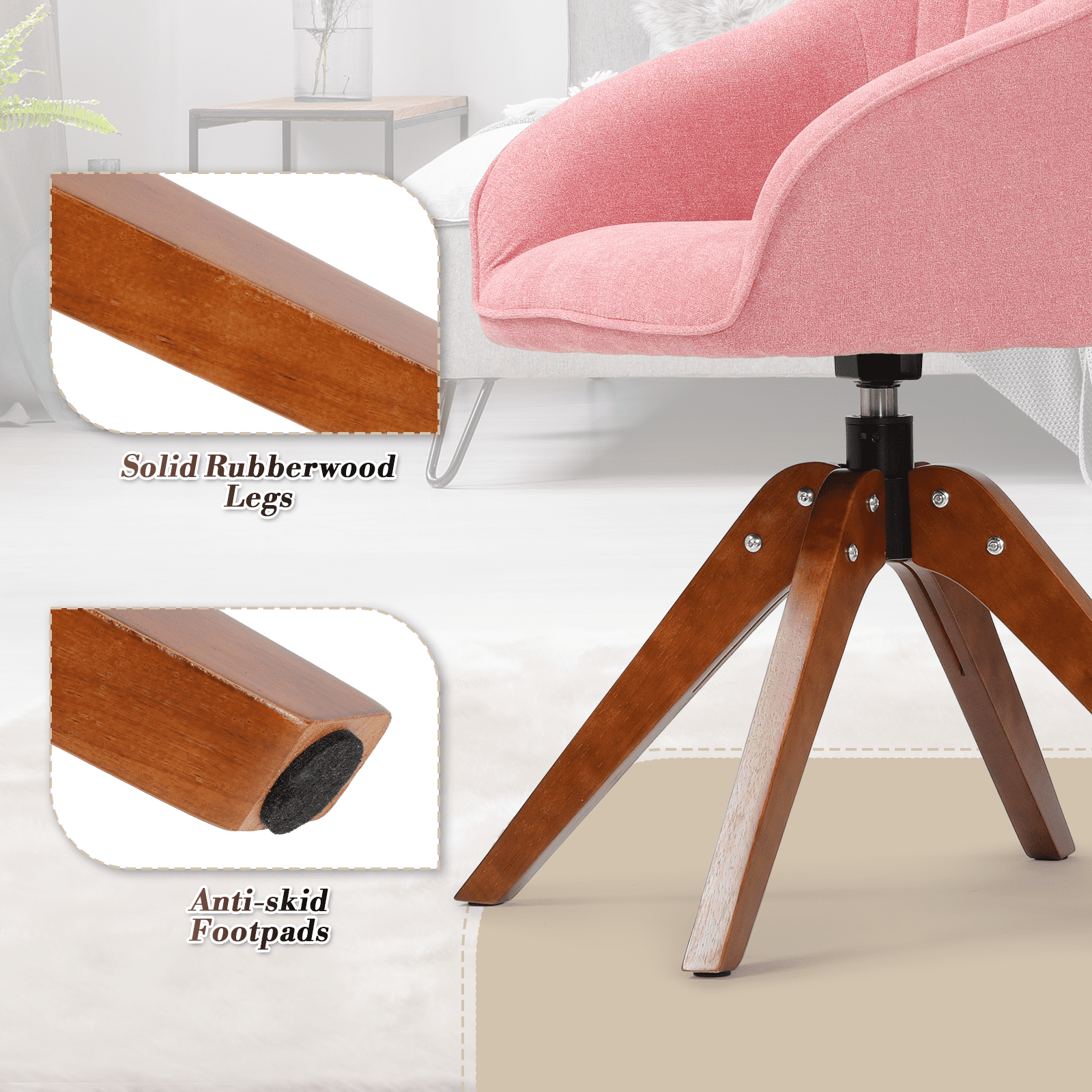 OSM Modern Swivel Accent Chairs, Set of 2 for Living Room, Solid Wood Legs & 360° Rotation, Fabric Armchair for Home Office, Bedroom, Study, Pink