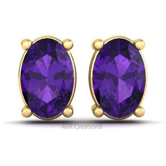 Amethyst Stud Earrings, February Birthstone Jewelry, 14K Yellow Gold Plated Anniversary Gift