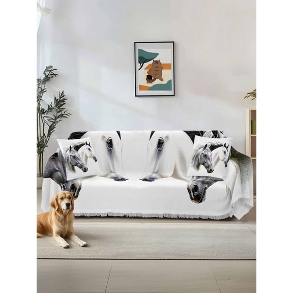 Horse Print Couch Cover Sofa Covers 3 Cushion Sectional Couch, Modern Watercolor Grey White Animals Washable Sofa Covers Slipcover Sectional Sofa Cover, Furniture Protector 71"x150"