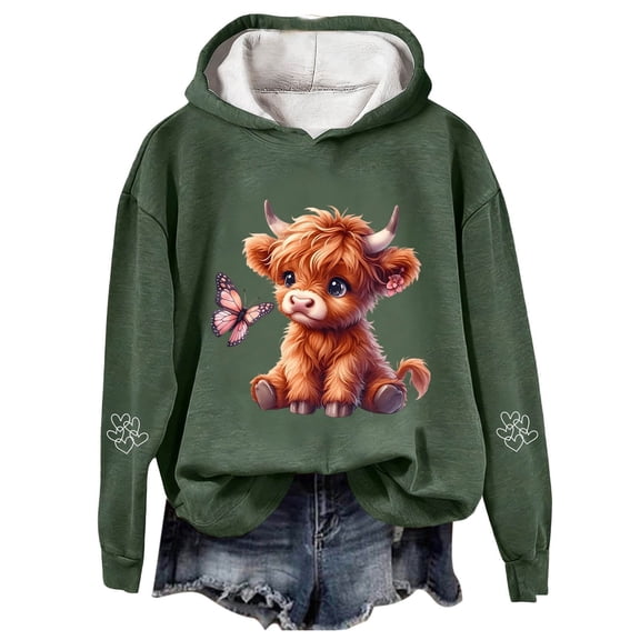 Women Christmas Outfit Western Holiday Cow Print Hoodie Cozy Pullover Graphic Sweatshirt for Women Casual Winter Warm Top Green L