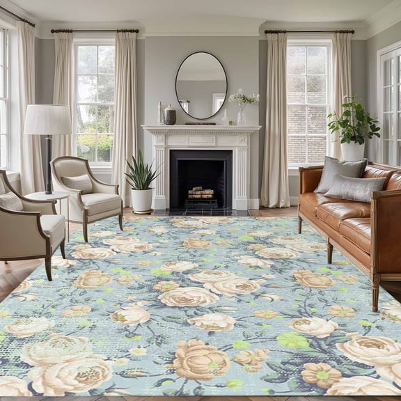 8x10 Area Rugs, Blue Flowers Non-Skid Rubber Backing Large Rectangle Rugs - Living Room Bedroom Home Office, Romantic Farmhouse Botanical Floral Leaves Indoor Floor Mat Carpets Washable Rug