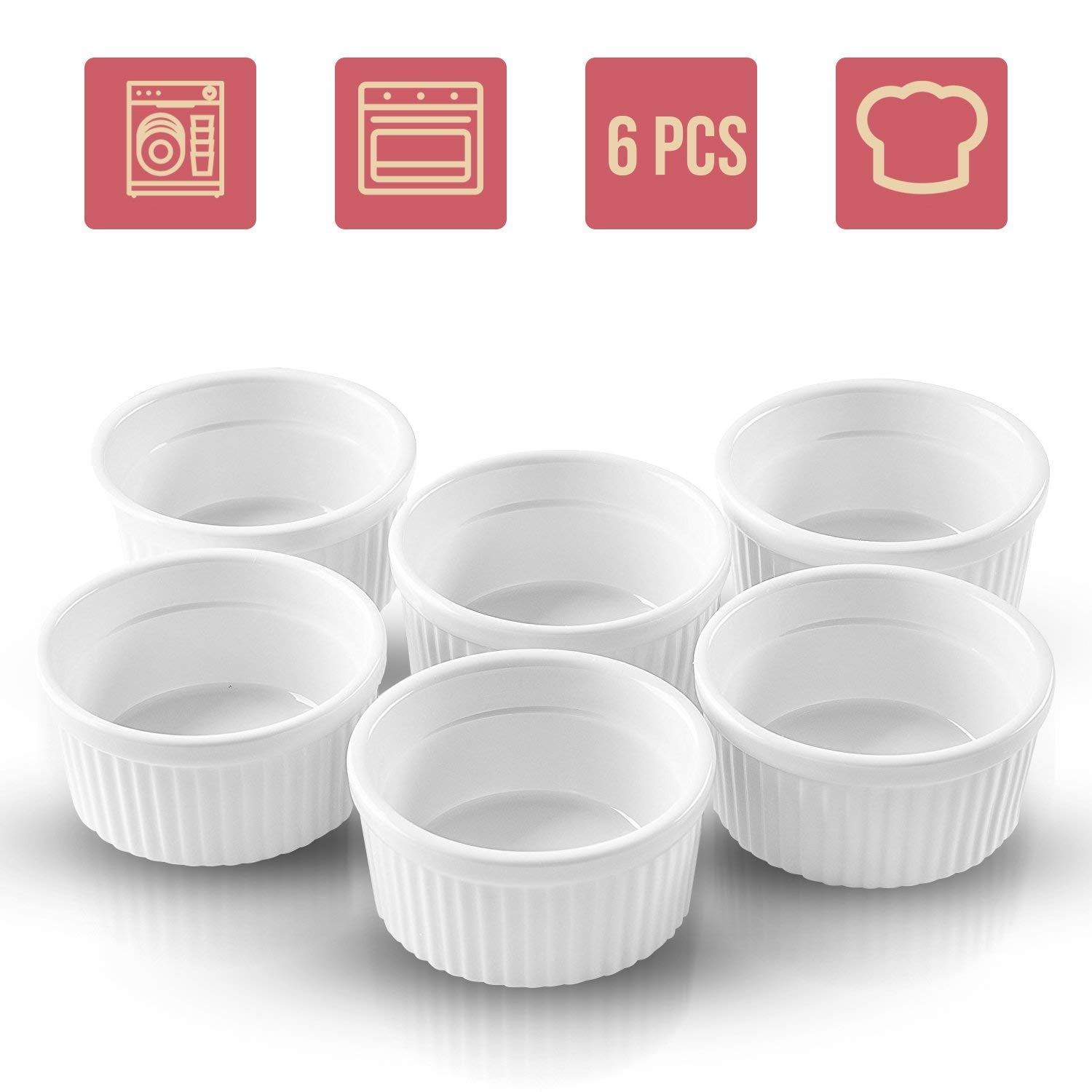 Porcelain Ramekin Cup 6 Piece Set for Baking 4 Oz. Bowls