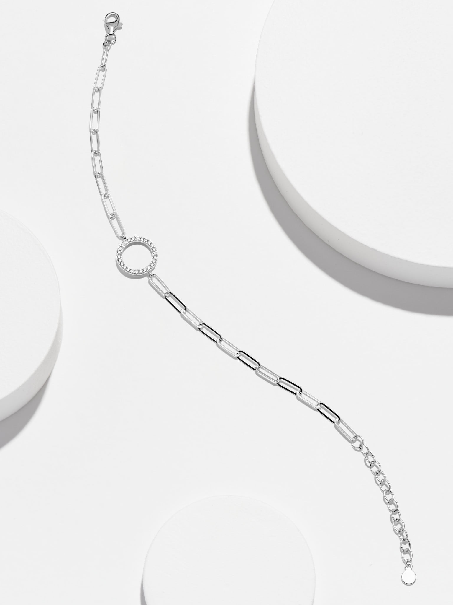 Forever Facets CZ Circle Paperclip Bracelet in Sterling Silver, 6.75" + 1.25" Extender