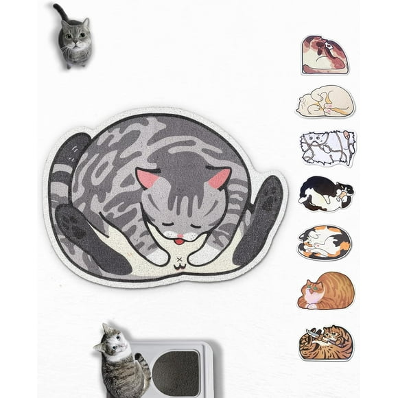 AIR-® Cute Cat Litter Mat (30’’x20'’), Large/L, for Kitty Litter & Cute Cat Litter Box (Grey Tabby, Semi-Circular)