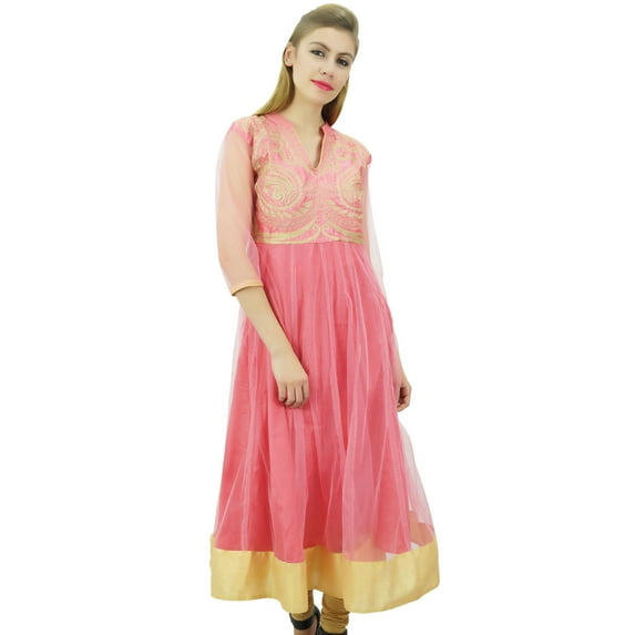 Bimba Women's Designer Anarkali Wedding Pink Embroidered Net Kurta Dress-4