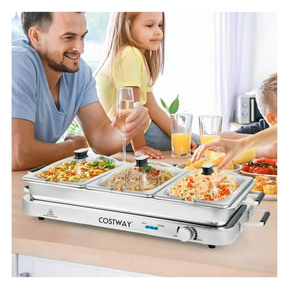 Electric Warming Tray with Temperature Control - 3 Tray Food Warmer - 8 Quart Capacity - Stainless Steel Serving Dish with Lid - Keep Food Warm for Parties, Buffets, & Holiday Dinners - 450W