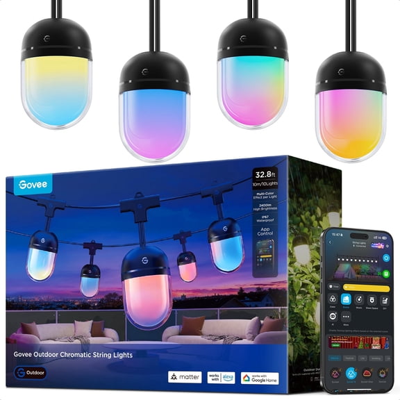 Govee Outdoor Chromatic String Lights, 32.8ft RGB Outdoor Lights with 55 Uni-ic Control LED Bulbs, 111  Scene Modes of String lights, IP67 Waterproof compatible with Alexa, Google, Matter, App Contro