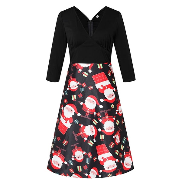 Vestido de verano para mujer, de manga larga, con cuello en V, estilo vintage, con estampado de empalme de Navidad, para fiestas Fridja nbo3418