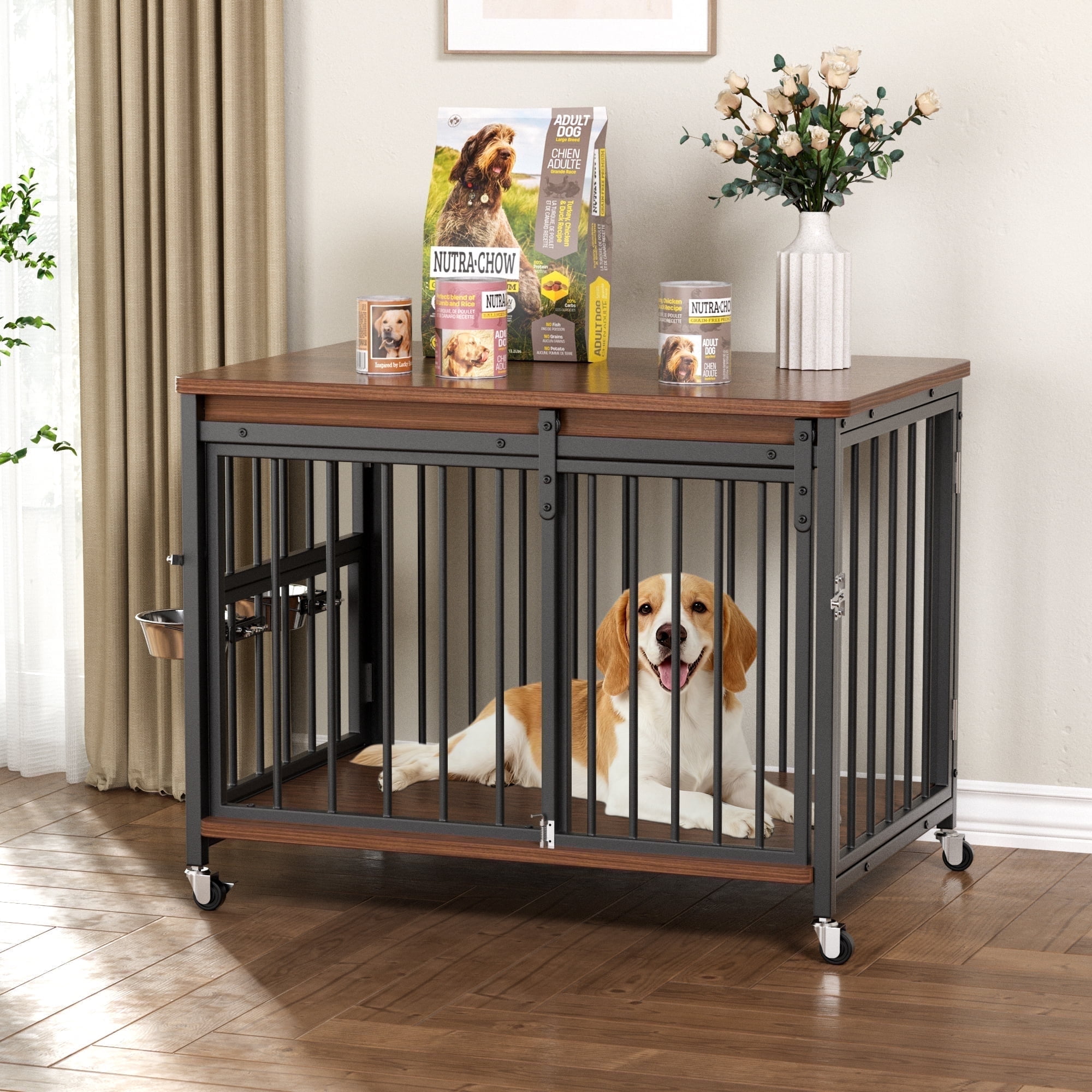 Cofiyard Dog Crate Furniture, 32" Wooden Dog Kennel Indoor with Sliding Front Door, Multi-Side Openings & Feeding Window Pet Cage House, Brown End Table, S