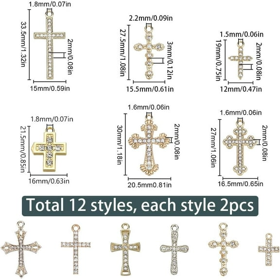 1set 24pcs 12 styles Alloy Rhinestone Pendants Cross Light golden 16~28.5x10~24.5x2~4.5mm Hole: 1.6~2.2mm 2pcs/style