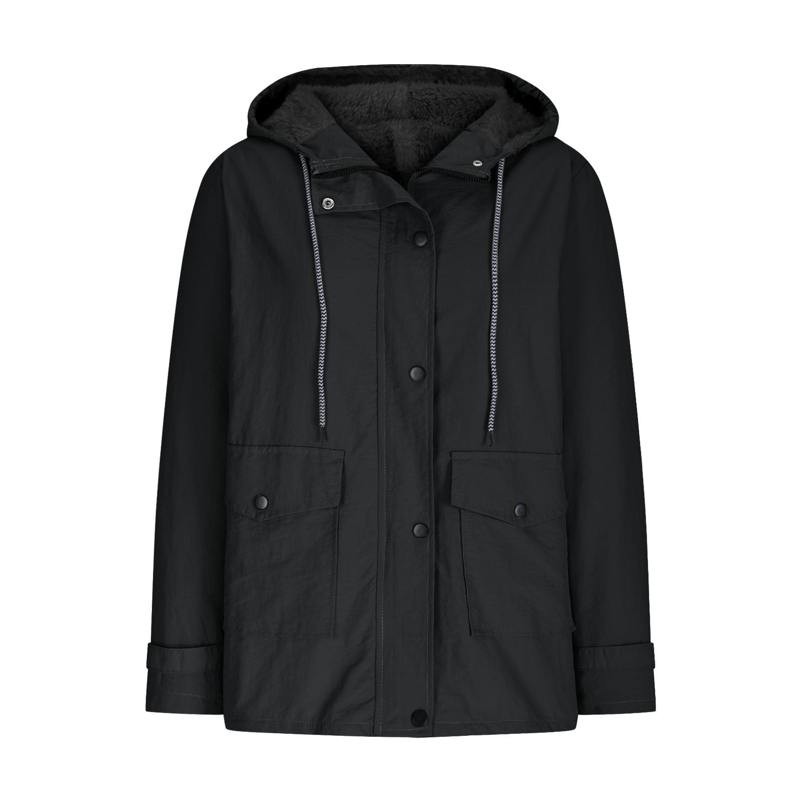 Womens Plus Size Rain Coats with Pockets and Hooded S-5X Fleece Lined Full Zipper Jackets Casual Solid Waterproof-Warm Long Sleeve Outerwear