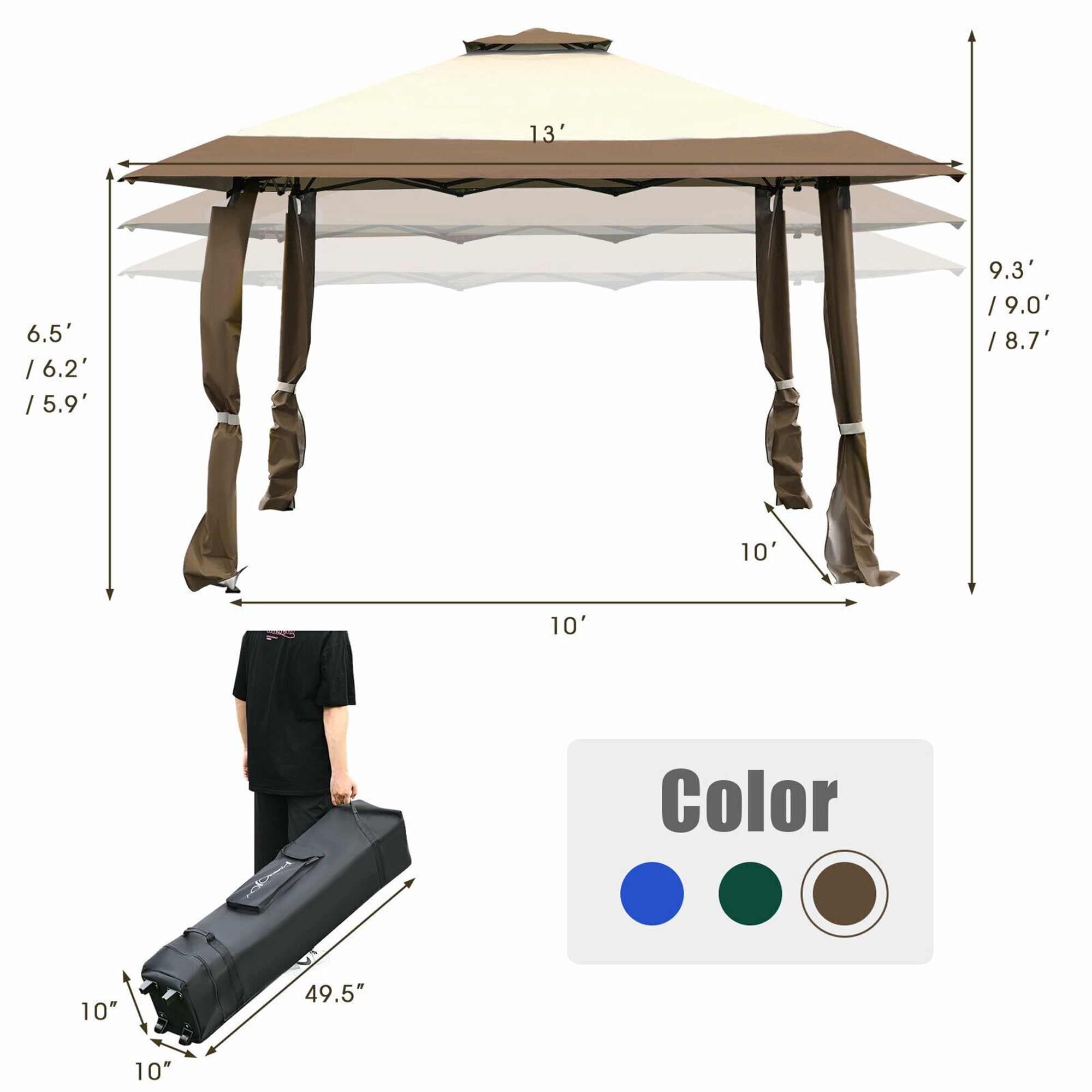 Gymax 13' x 13' Folding Patio Pop-up Gazebo Canopy Tent Outdoor Shelter Shade Brown