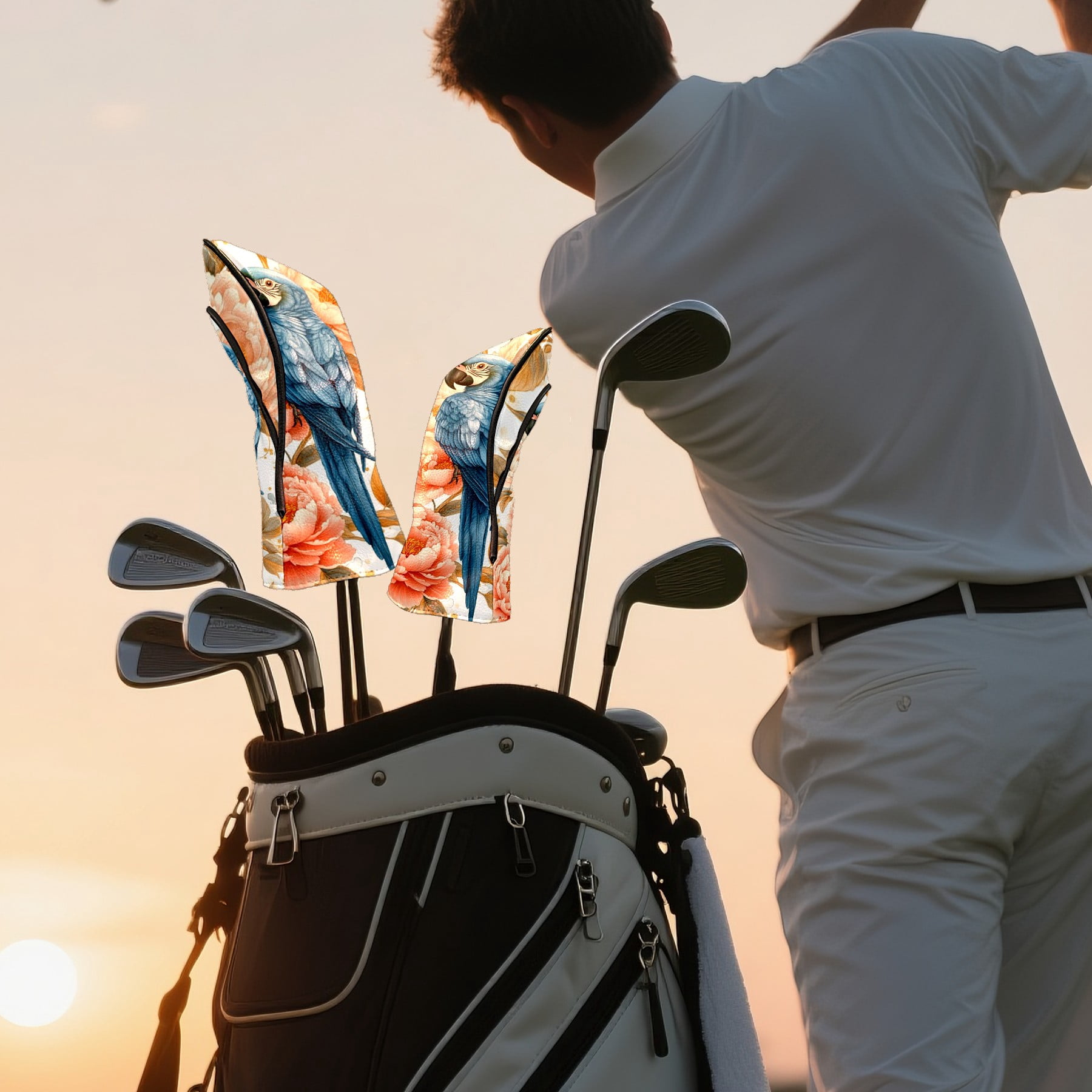 Golf Club Head Covers - Parrot & Peony Design, PU Leather, Waterproof, Fits Fairway Woods/Hybrid, Unisex, Fits Most Brands