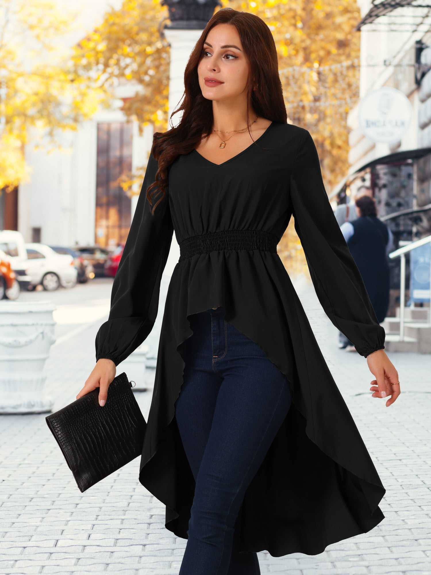 DARING DIVA Women's High Low V Neck Long Sleeve Dressy Blouses XL Black