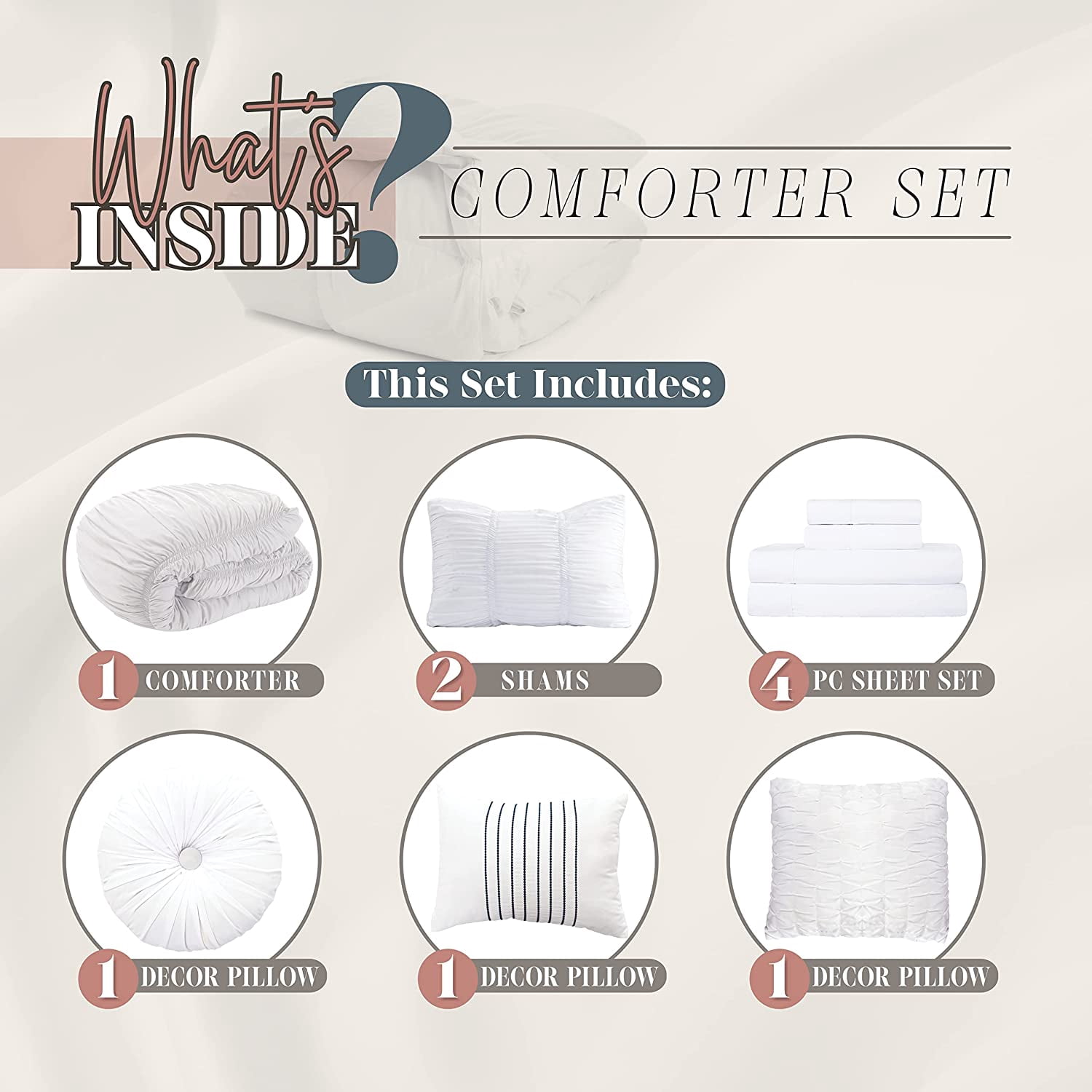 Mocassi 10pc Pleated Bed-in-a-Bag, Ruched Ruffle Comforter Set Featuring Decorative Pillows and Fitted Sheet Full/Queen, White