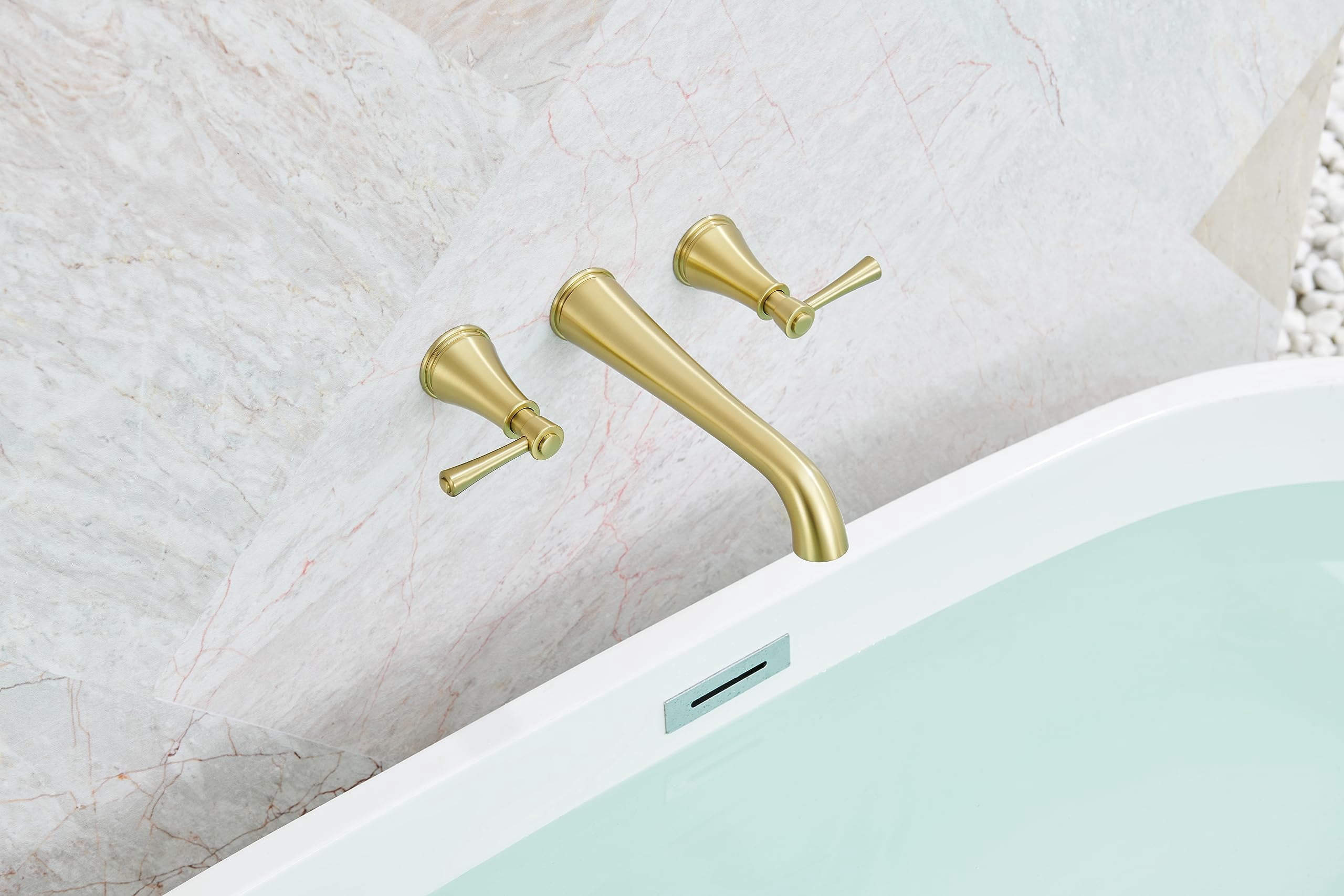 Wall Mount Bathtub Faucet Brushed Gold Solid Brass Extra-Long 10.5" Spout Reach
