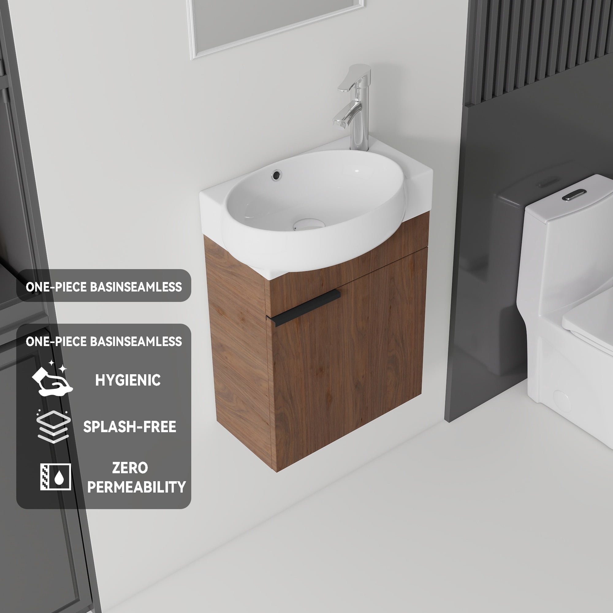 Leumius 16" Wall-Mount Bathroom Vanity Cabinet with with Ceramic Sink & Soft‑Close Doors for Small Space,Bathrooms,Brown