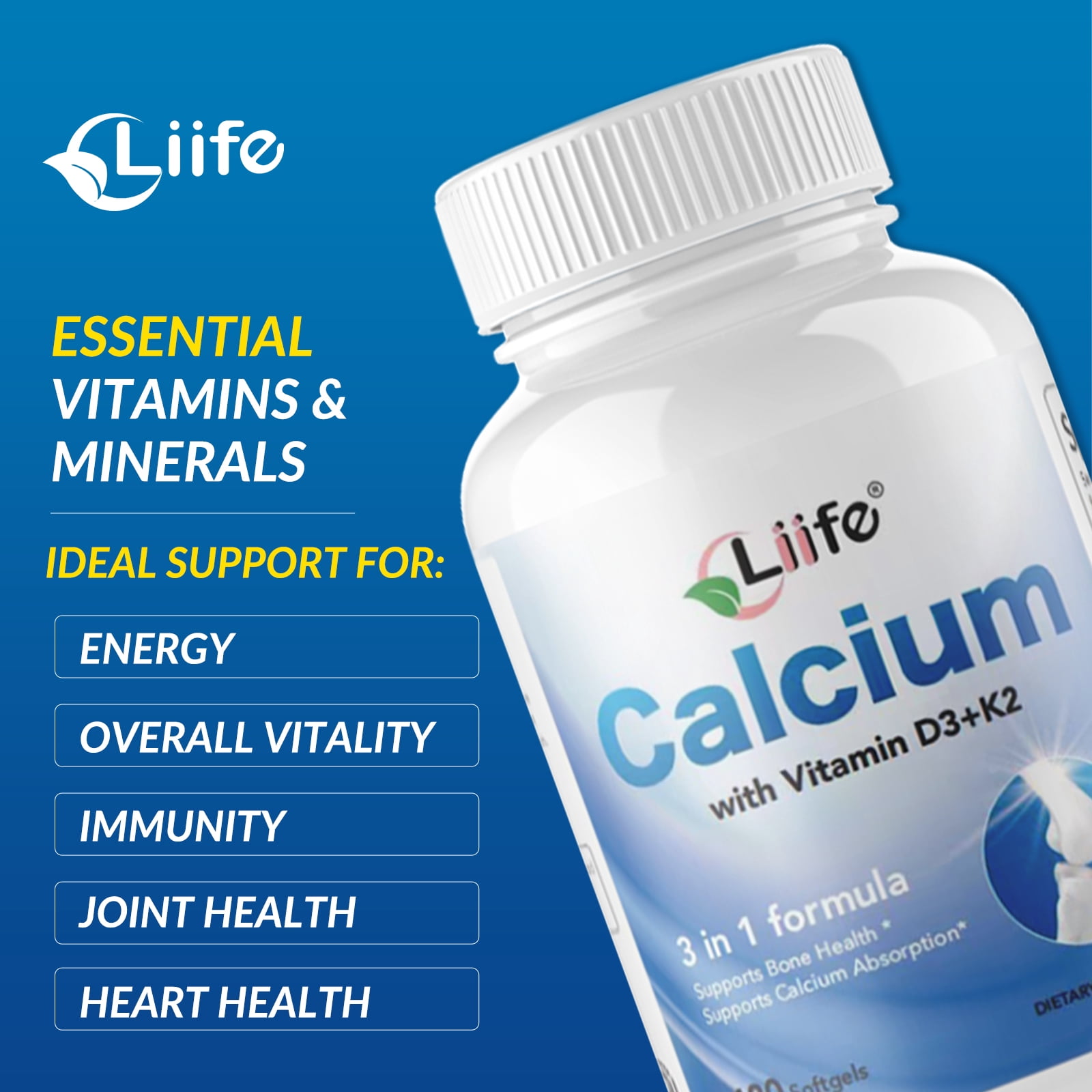 Liife Calcium Vitamin D3 K2(MK7+MK4) 1000 IU, 120 Coconut Oil Softgels - Contains Algae - Supports Bone Health, Joint Support, and Cardiovascular Health - Gluten-Free, Non-GMO