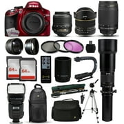 Nikon D3200 Red DSLR Digital Camera + 18-55mm VR + 6.5mm Fisheye + 55-300mm VR + 650-2600mm Lens + Filters + 128GB Memory + Action Stabilizer + i-TTL Autofocus Flash + Backpack + Case + 70" Tripod