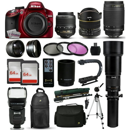 Nikon D3200 Red DSLR Digital Camera + 18-55mm VR + 6.5mm Fisheye + 55-300mm VR + 650-2600mm Lens + Filters + 128GB Memory + Action Stabilizer + i-TTL Autofocus Flash + Backpack + Case + 70" Tripod