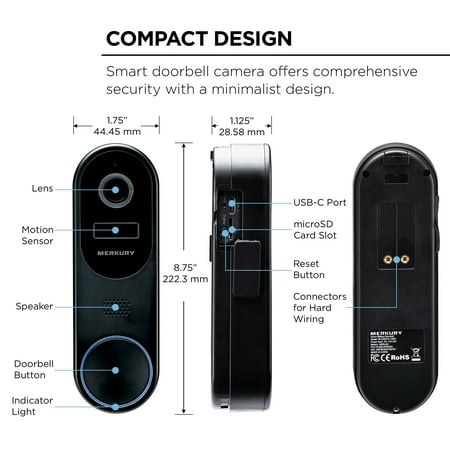 Merkury Smart Doorbell Camera - Wire-Free Battery Cam with Chime & Intelligent Alerts (1-Pack)