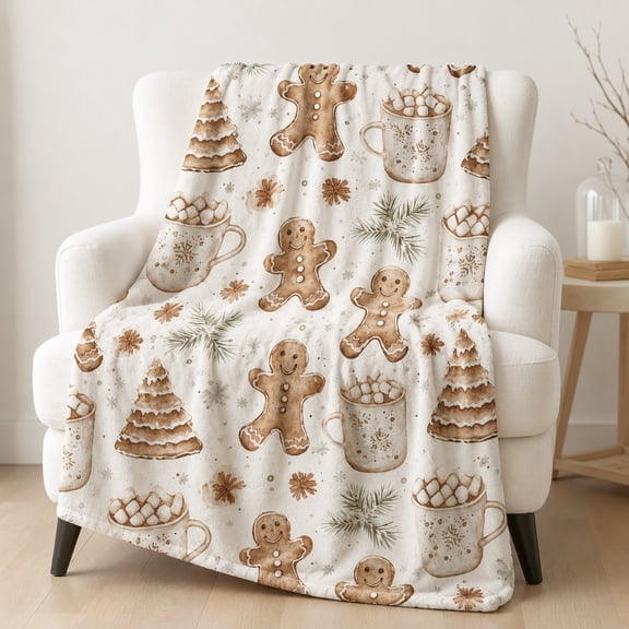 Gingerbread Cookies Boho Christmas Neutral Holiday Hot Cocoa Xmas Fleece Throw Blanket, Soft 280 Gsm Polyester, Christmas Home Decor Gift