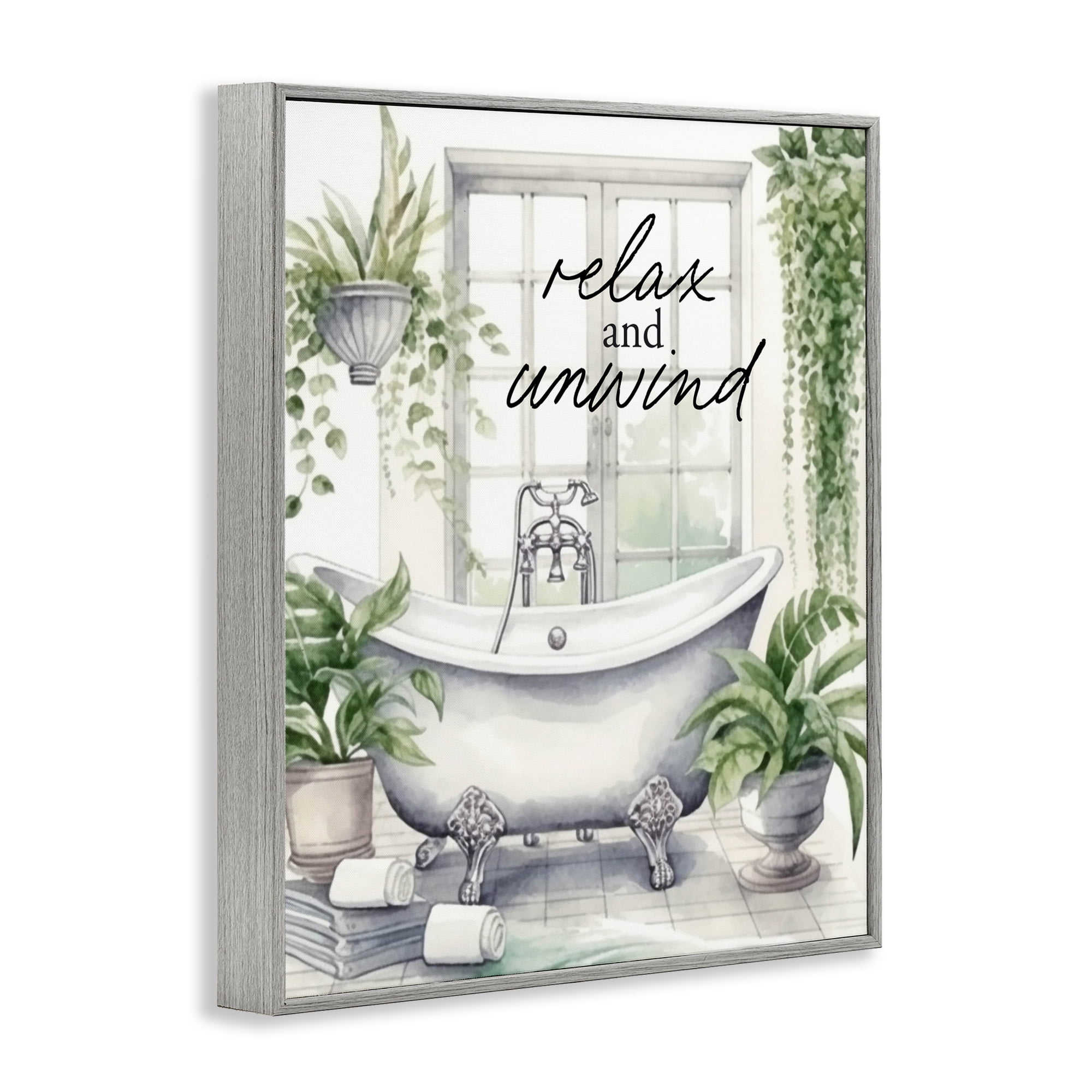 Relax Unwind Bath & Foliage Gray Framed Giclee Art, design by Lettered and Lined