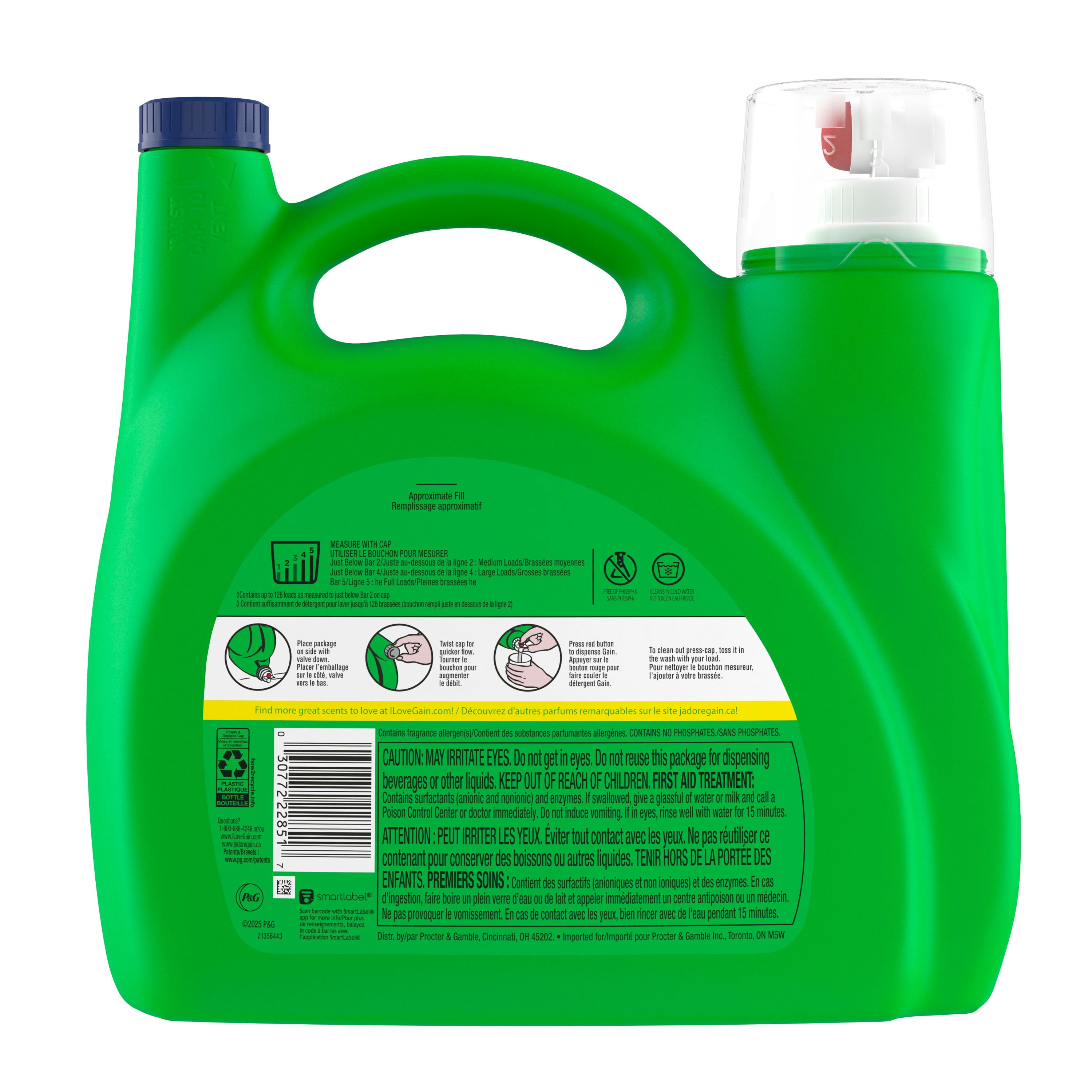 Gain Liquid Laundry Detergent, Original Scent, 5.44 L, 128 loads, Freshness + Odour Fighting, Laundry Detergent Liquid Soap, HE compatible, 5.44L