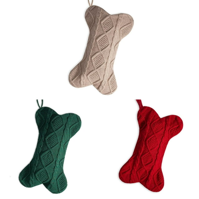 Extra Large 16.5 Inch Bone Shape Knit Christmas Stocking for Dogs Pets Double Sided Pet Stocking Holiday Hanging Decor for Cats and Other Family Animals Christmas Celebration
