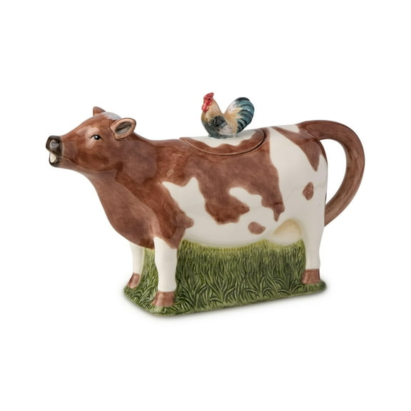 Vintage Farm 3-D Cow Teapot, 20-Ounce Ceramic Teapot with Hand-Painted Farmhouse Design, Rooster Lid & Green Base, Rustic Country-Style Accent, Perfect for Tea, D√©cor & Gift-Giving