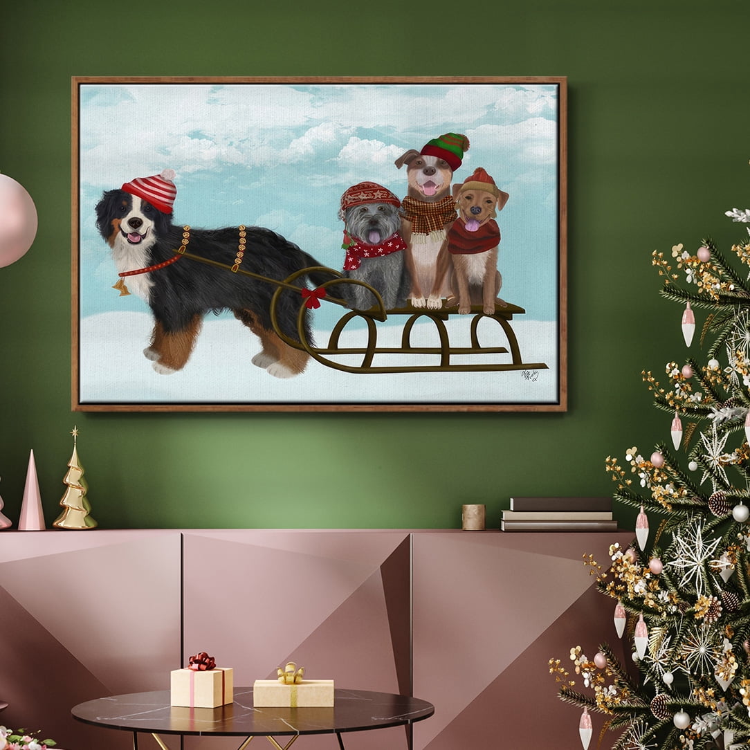 Christmas Mutt Sled - Framed Gallery Wrapped Holiday Canvas - 27 x 41 - Rosewood Frame