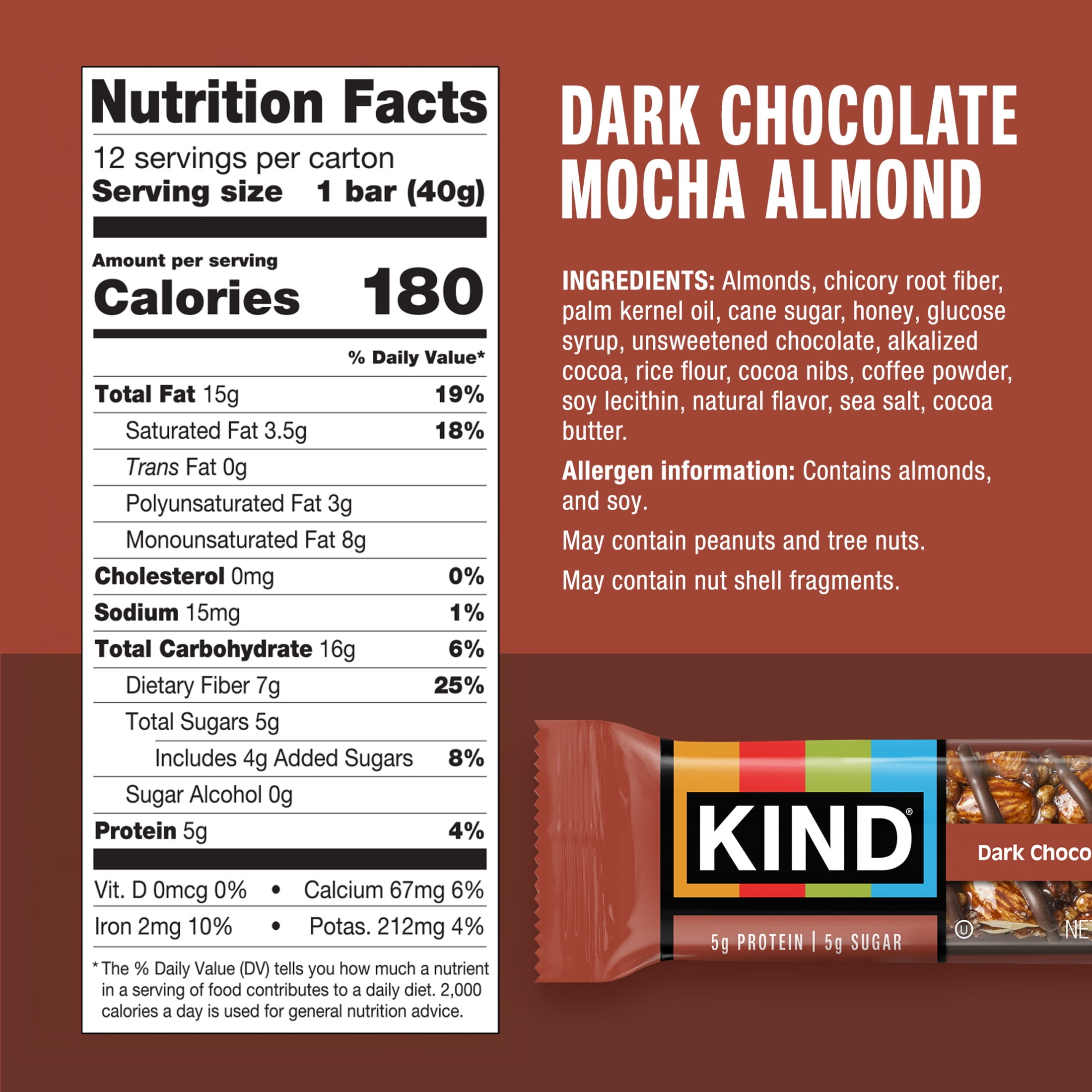 KIND Dark Chocolate Mocha Almond, Gluten Free, 1.4oz, 12 Snack Bars box