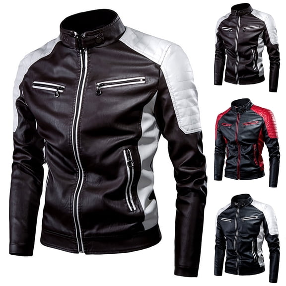 Men's Spring and Autumn Casual Long Sleeve Solid Stand Zipper Leather Jacket - Retro Top for Winter Fashion, Holiday Parties, and Outdoor Adventures,Black,L