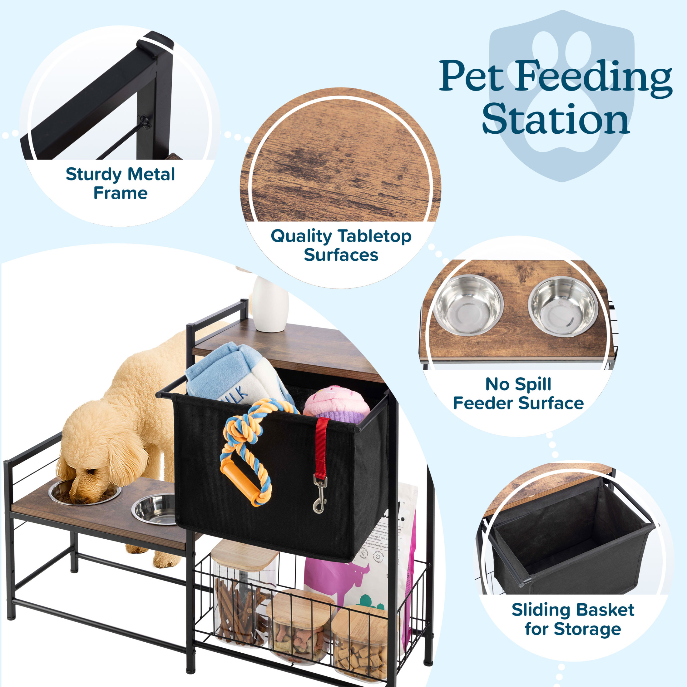 PETMAKER Elevated Dog Bowl Stand with Storage, Toy Bin Basket, and Bowls
