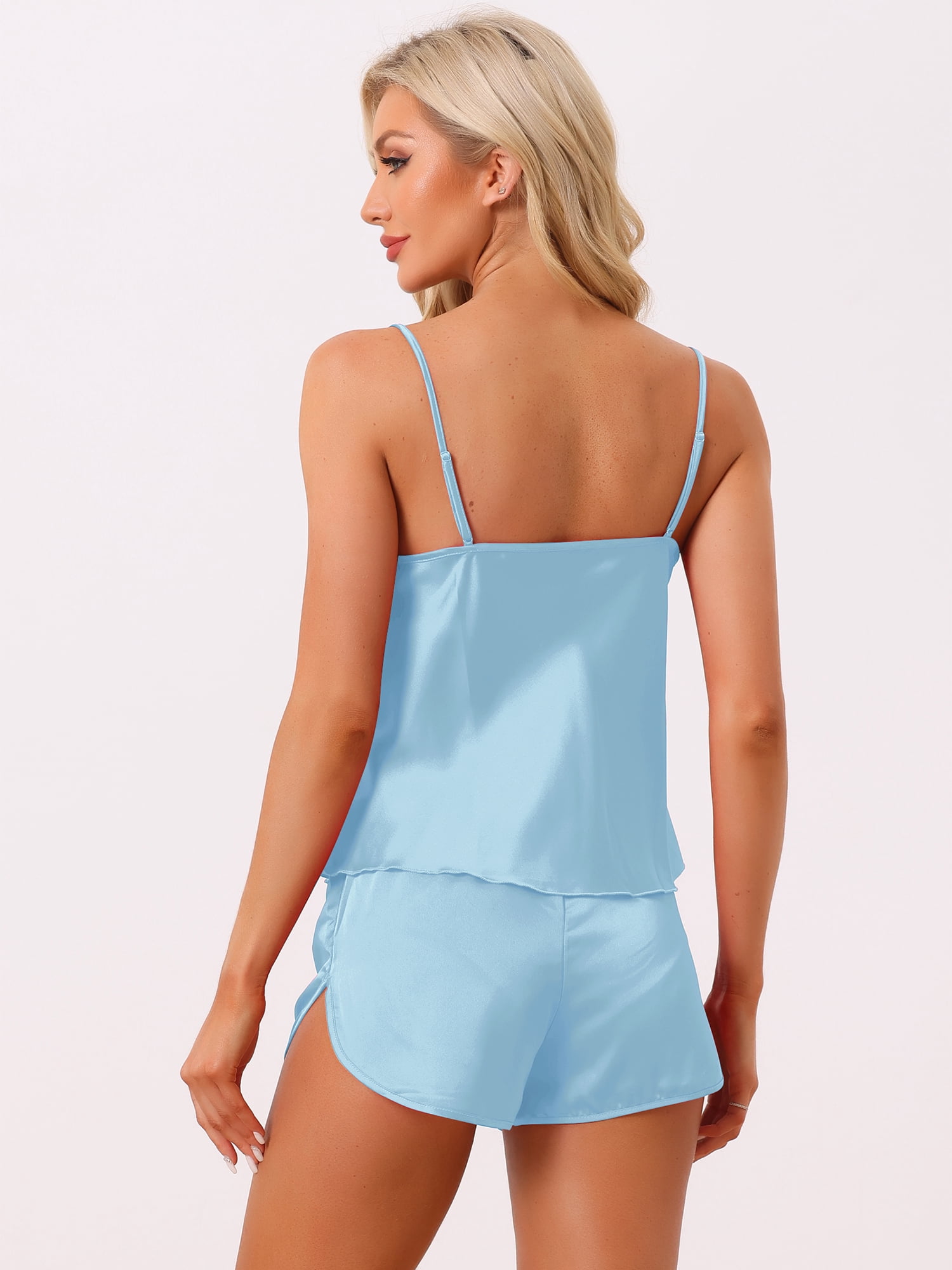DARING DIVA Women's Satin Pajamas Sets Cami Sleepwear Silky PJ Set with Shorts S Blue