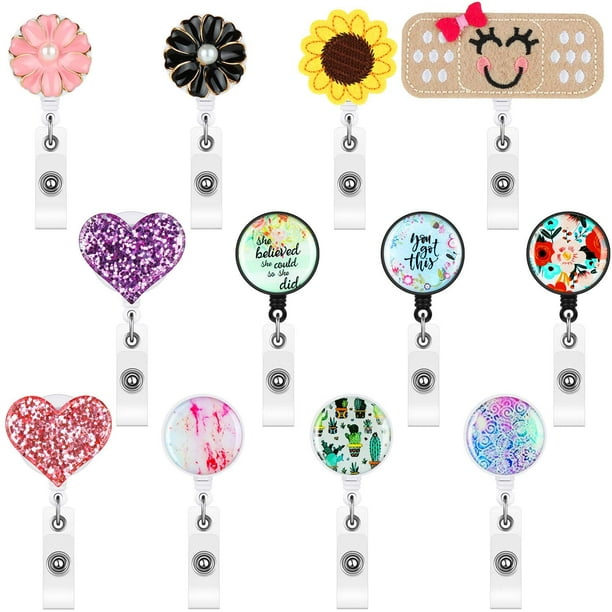 12 Pieces Assorted Retractable ID Badge Holder Flower Heart Badge