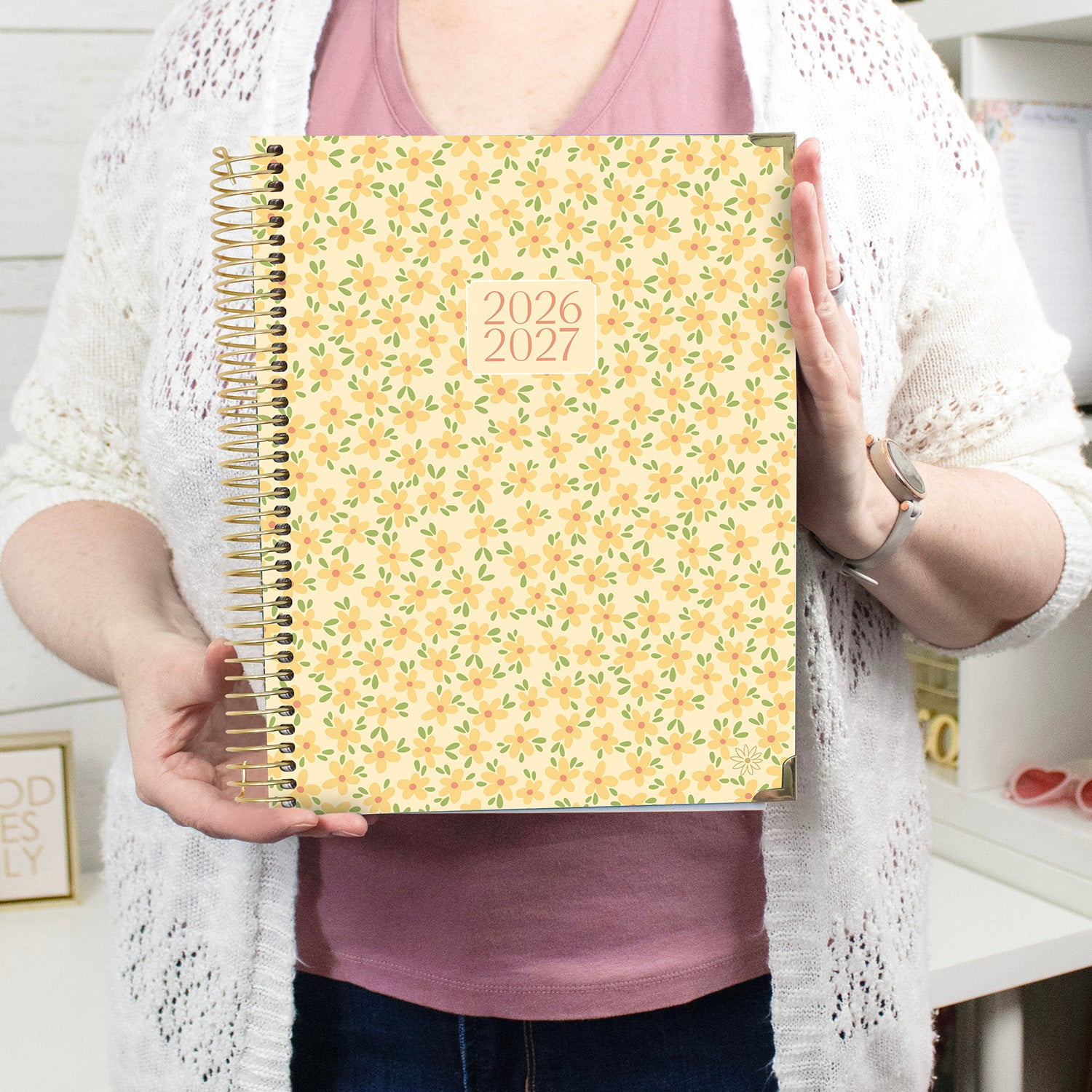 bloom daily planners 2026-2027 Academic Planner, 13-Month Monthly & Weekly Hard Cover, 8.5" x 11", Butter Yellow Daisies