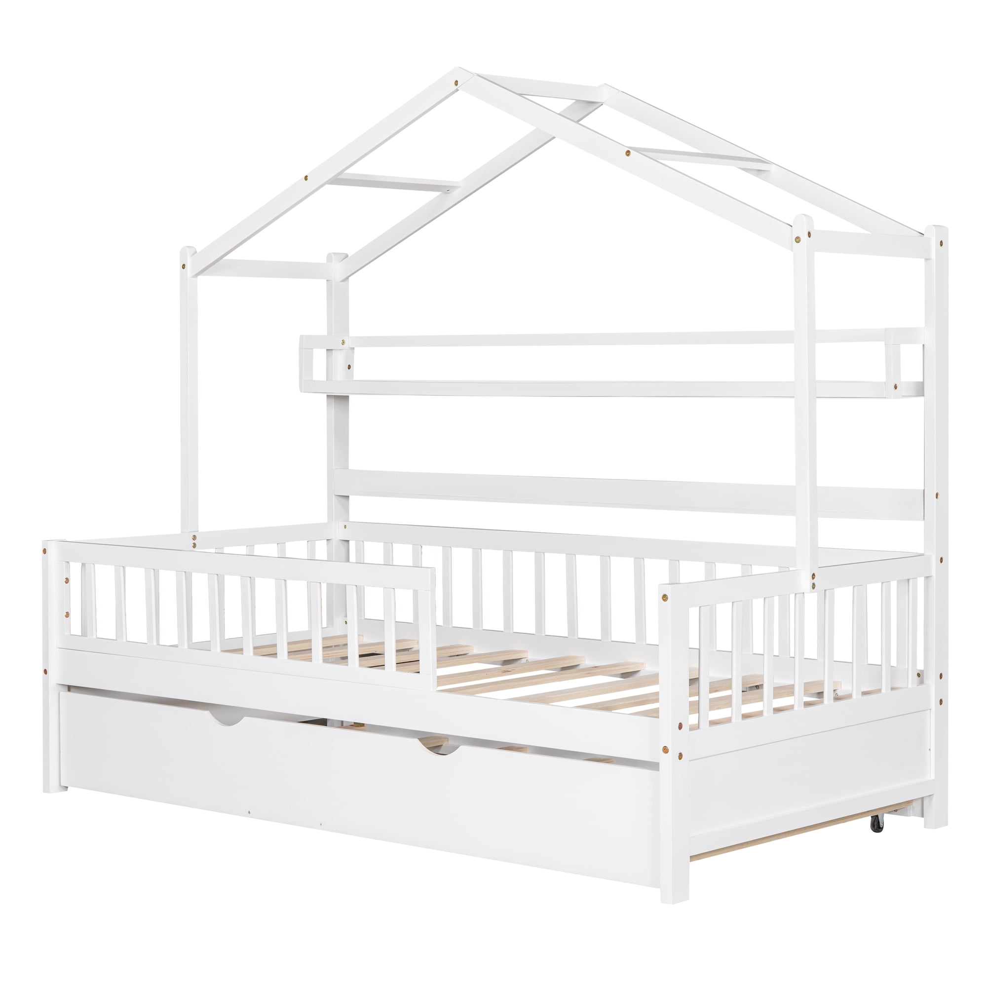 Harper & Bright Designs Twin Size House Bed with Trundle and Storage Shelves, Platform Bed with Fence Rails Wood Playhouse Tent Bed Frame for Girls Boys, White