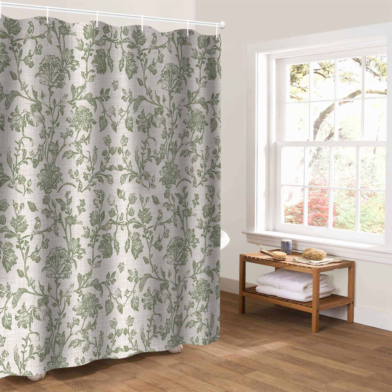 Farmhouse Sage Green Bathroom Curtain 72 Inch Shower Curtain with Hooks, Vintage Flower Leaf Botanical Waterproof Polyester Bath Curtain Washable Bathtub Curtain 72''x 72''