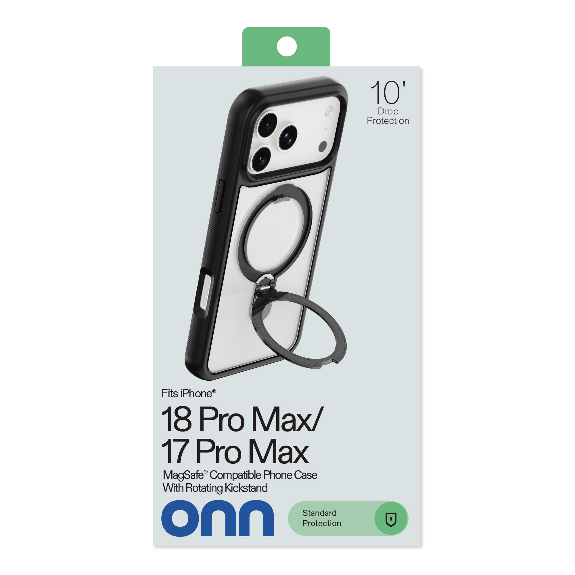 onn Phone Case with Ring Kickstand for iPhone 18 Pro Max / 17 Pro Max, MagSafe Compatible, Rotating Kickstand - Frosted Clear/Black