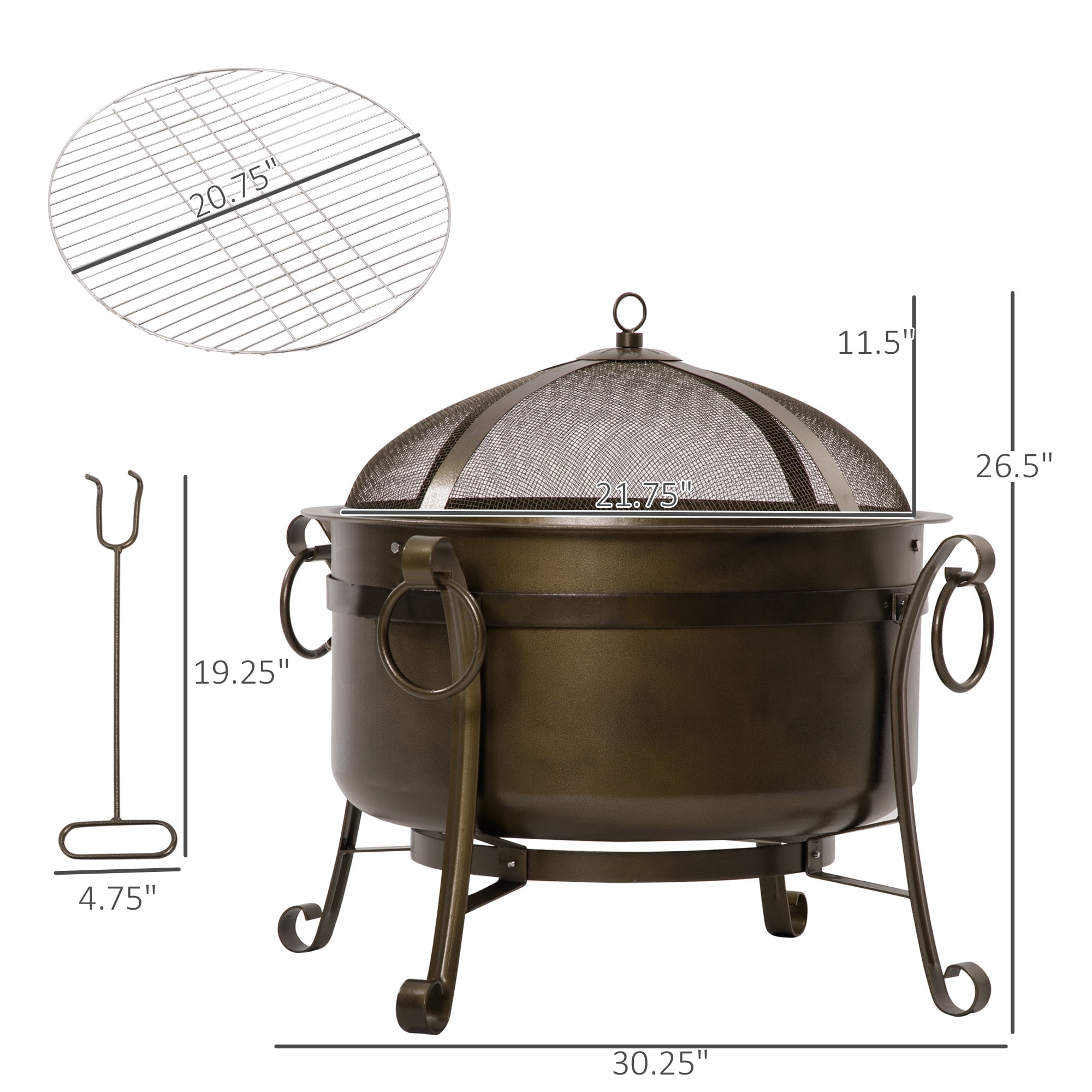 Aimee Lii 30" Outdoor Fire Pit Grill, Portable Steel Wood Burning Bowl, Cooking Grate, Poker, Spark Screen Lid, Outdoor Firepit for Patio, Backyard, BBQ, Camping, Bronze