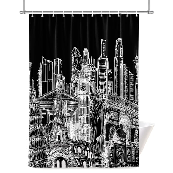 Abstract Shower Curtain, White and Black Global Landmarks Modern Collage Art Waterproof Shower Curtain Set with 12 Hooks Lightweight Bath Curtains Fabric Bathroom Decor 72x72 Inches